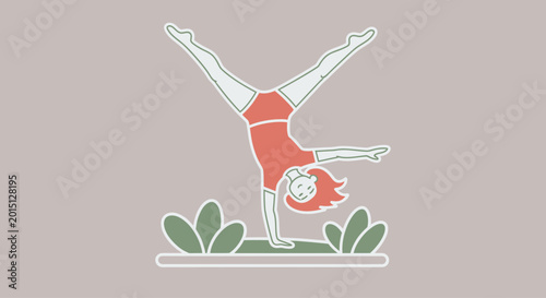 Schilderij op canvas Woman Doing Handstand on Green Surface.