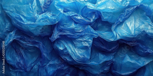 crumpled blue plastic bags piled and layered, glossy wrinkled texture conveying suffocating synthetic clutter and environmental unease
