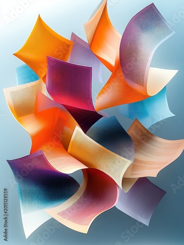floating colorful curved paper-like sheets with soft gradients, layered and swirling in playful airy motion