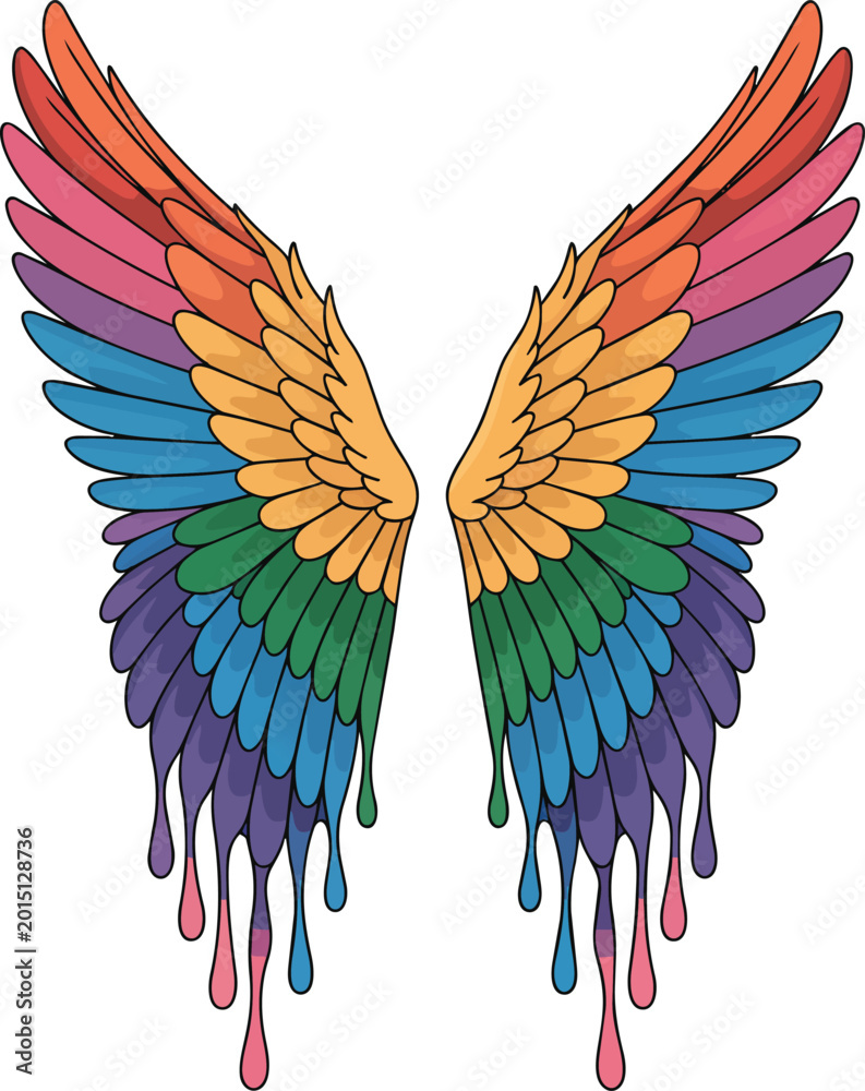 Obraz premium Vibrant pair of artistic angel wings featuring a beautiful rainbow spectrum with liquid paint dripping down from the feather tips