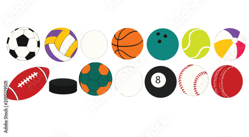 Collection of various sports balls on a white background.