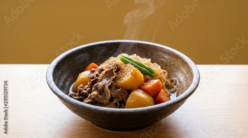 Traditional Japanese beef, potato, and carrot stew (Nikujaga) with sweet savory glaze