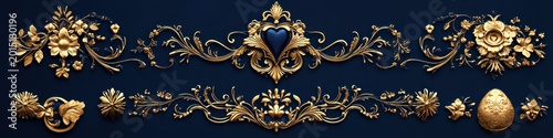 three horizontal ornate gold floral borders with scrolling foliage, central heart medallion, decorative egg, rosettes and swirls on deep blue background, luxurious elegant mood