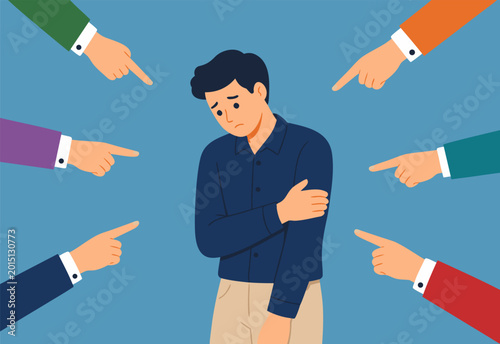 Sad man being blamed and pointed at by many fingers.