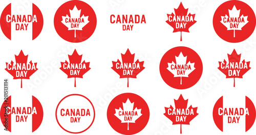 Photos Set of Canada Day vector logos and icons featuring red maple leaves and patrioti