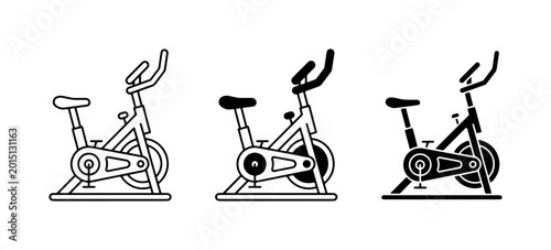 Photos Spin Bike Icons, Stationary Exercise Bicycle Set, Indoor Cycling Equipment Vecto