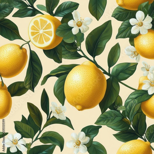 bright ripe lemons, sliced citrus, glossy green leaves and white blossoms in a cheerful sunny botanical pattern