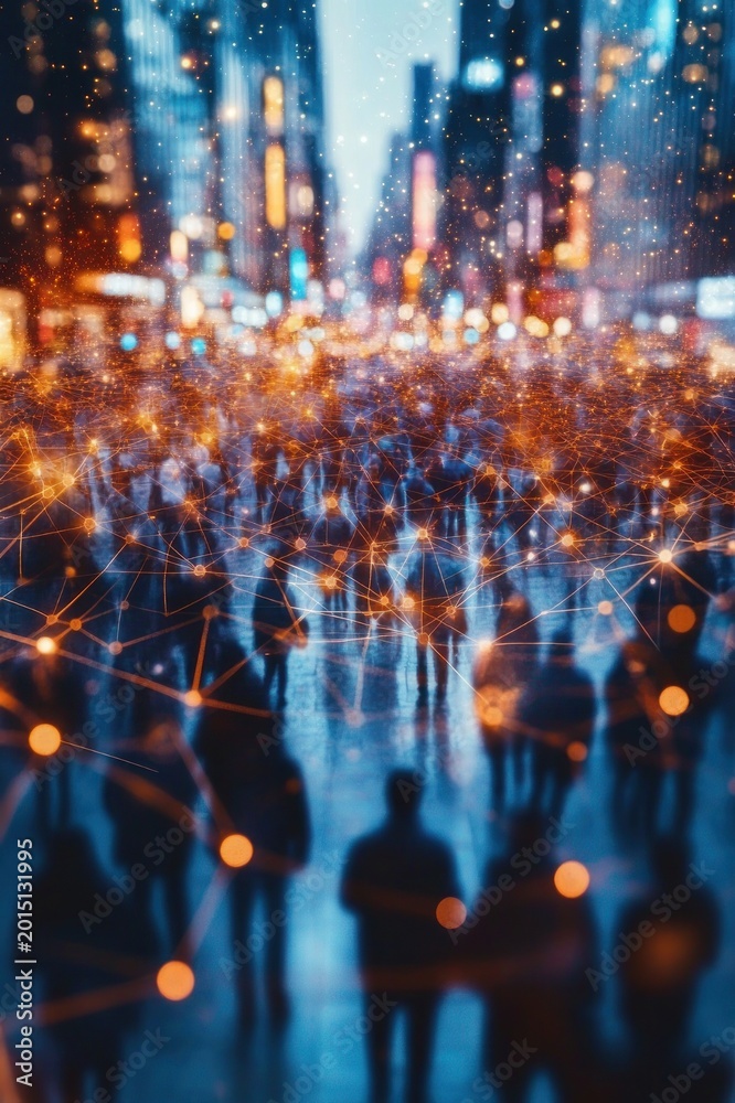 Fototapeta premium blurred crowd of silhouetted pedestrians in a neon city at night connected by glowing digital nodes and lines conveying a futuristic sense of anonymous connectivity and motion