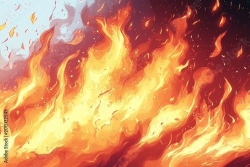 fierce swirling orange and yellow flames with glowing embers and sparks, intense roaring blaze conveying heat and chaos