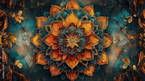 ornate layered floral mandala with gold and teal petals on cracked textured background, decorative leaves, meditative and mystical atmosphere