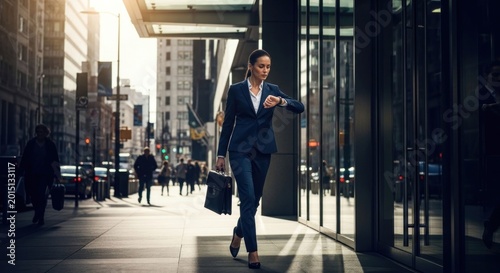 Businesswoman checking watch on city street during golden hour.