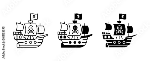 Schilderij op canvas Pirate Ship Icons, Jolly Roger Sailing Vessels, Nautical Adventure Vector Graphi