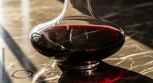 Rich red wine gracefully decanted in a crystal carafe on a marble surface with dramatic light and shadow.
