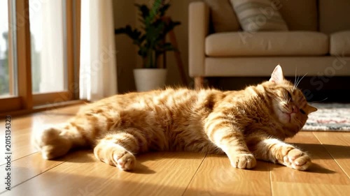 Relaxed orange tabby cat stretching lazily on warm wooden floor near cozy living room with soft sunlight streaming through large windows and plush beige couch in modern home interior