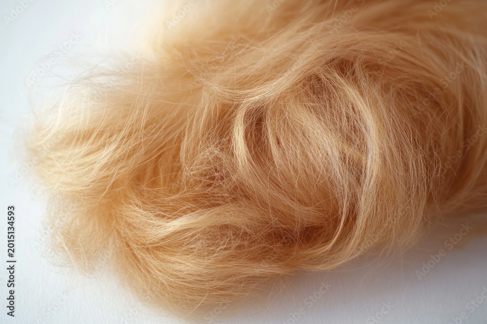 Naklejka premium soft tangle of light strawberry blonde hair on a pale white surface, warm and delicate closeup