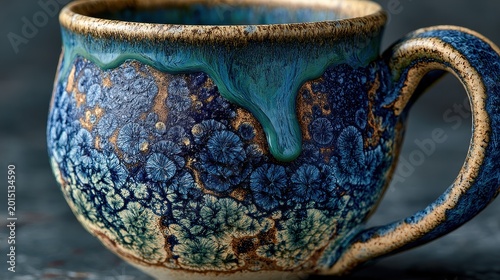 Handmade ceramic mug with reactive blue crystalline glaze and dripping texture in a sharp macro shot for artisanal pottery and lifestyle branding