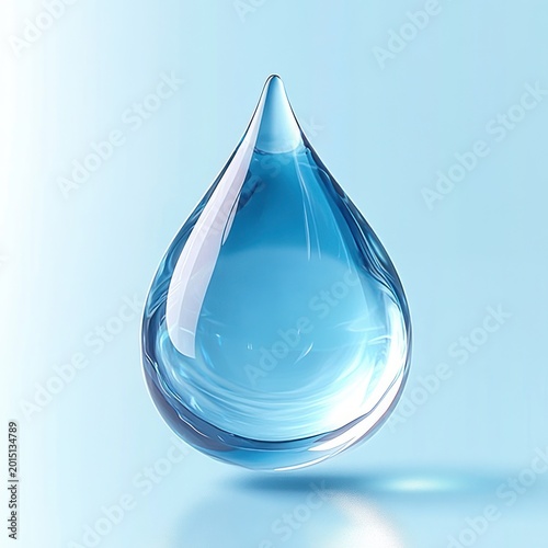 single crystal-clear water droplet floating above a light blue surface with soft shadow and reflective highlights conveying calm purity