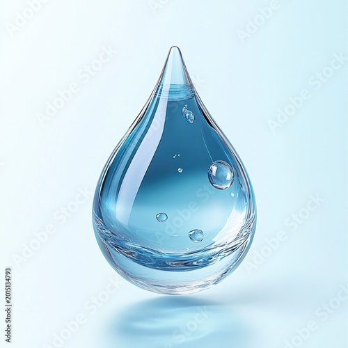 single transparent blue water droplet with inner bubbles floating above a soft pale background, glossy reflection and calm pure feeling