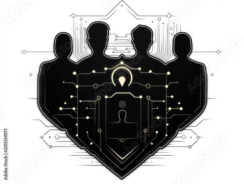 four human silhouettes behind a shield-shaped emblem with circuit traces, glowing connection nodes, a central user outline and a lightbulb icon suggesting secure, innovative teamwork