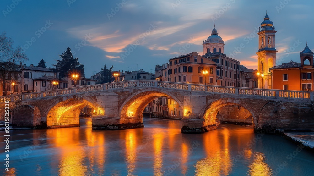 Obraz premium stone arched bridge over calm canal at twilight with golden reflections and historic domed buildings and bell tower, serene evening atmosphere