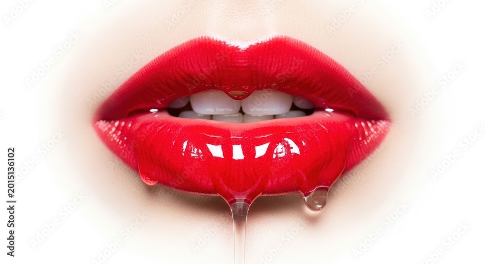 Obraz premium Closeup of glossy red lips with dripping liquid.