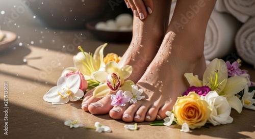 Closeup of Feet Adorned with Fresh Flowers in a Serene Spa Setting.