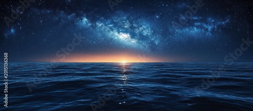 Calm ocean beneath a sprawling milky way and starry sky with a glowing horizon and shimmering reflection, evoking tranquil awe and peaceful wonder