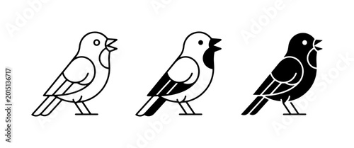 Photos Singing Bird Icons, Three Styles: Outline, Two-Tone, Silhouette, Vector Art
