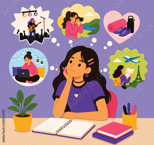 Woman daydreaming about various activities while sitting at her study desk.