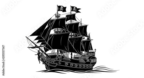 Quadro su tela Black silhouette of a pirate ship with Jolly Roger flags on white background