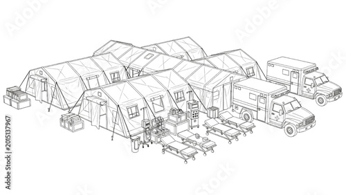 Quadro su tela Military personnel set up 2D CAD designed temporary base camp with tents and vehicles in desert environment