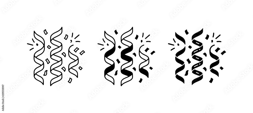 Fototapeta premium Party Streamers and Confetti Icons, Celebration Vector Graphics, Festive Event Elements