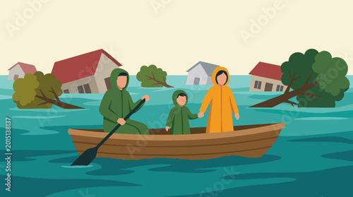 Принти на полотні Family in boat escaping floodwaters, submerged houses in natural disaster