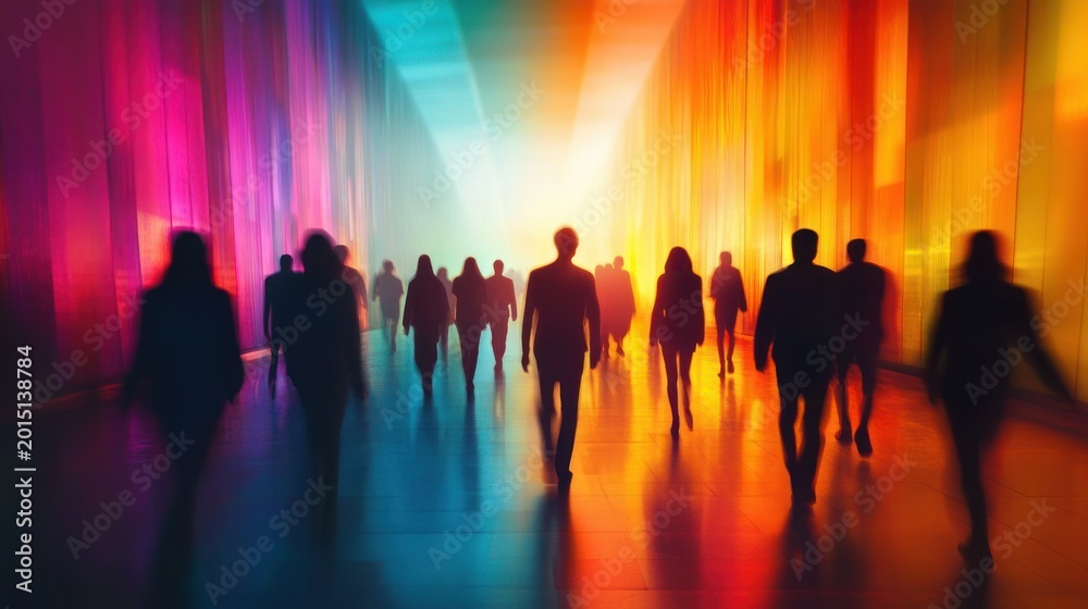 Fototapeta premium Silhouetted crowd walking through a glowing multicolored corridor with reflections and motion blur, evoking a mysterious and hopeful futuristic atmosphere