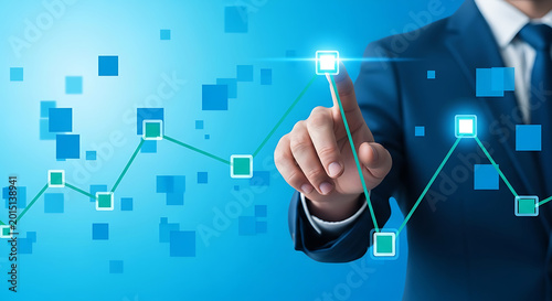 Business growth analysis and financial planning with a hand pointing to a digital graph on a blue background