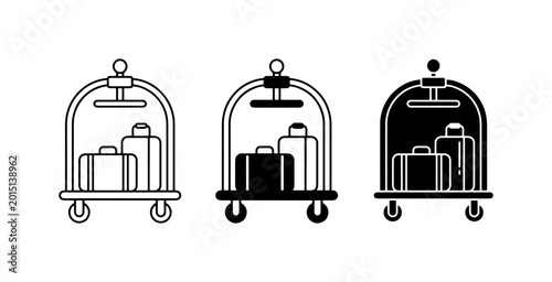 Картината върху платно Hotel luggage cart icons set, black bellboy trolley vector, travel suitcase bagg