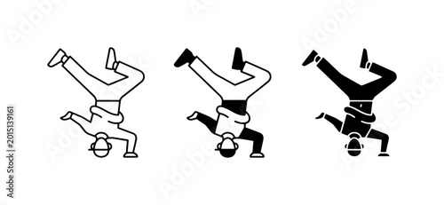 Breakdance headstand vector icons, hip hop dancer performing freeze move, street dance silhouettes