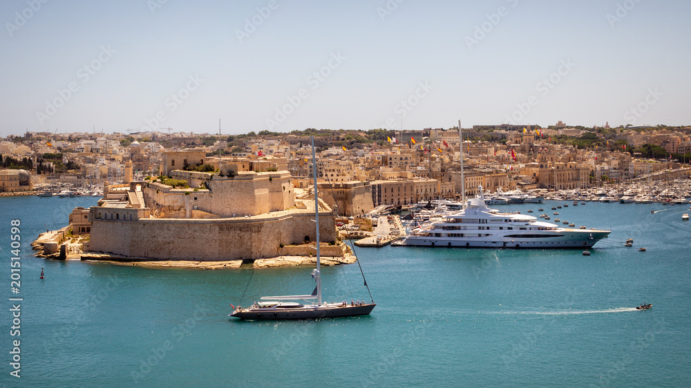 Fototapeta premium Scenic view of Fort St Angelo across the Grand Harbour from Valletta Malta