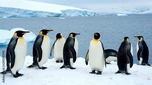 playful emperor penguins standing in tight formation on icy Antarctic shore with vast icy ocean background under bright natural sunlight capturing their curious and social behavior in winter
