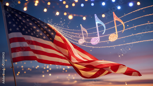American flag waving with musical notes and bokeh lights during twilight celebration