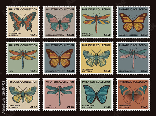 Canvastavla Vintage Style Butterfly and Dragonfly Postage Stamp Collection Set with Retro In