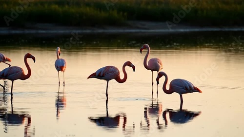 flamingos standing gracefully in shallow reflective water at golden hour natural wildlife photography serene sunset landscape pink birds wading calm lake nature photography vibrant colors peaceful