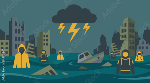 Bild auf Leinwand Urban flood disaster illustration with people, damaged buildings, and storm