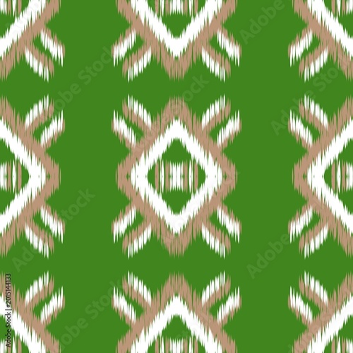Green Ikat Seamless Pattern with Geometric Tribal Motifs for Textile and Interior Design