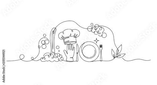 Chef's hat, glove, and plate washing in continuous line art style, clean kitchen concept