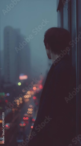 Young man gazing out a window at city lights conveying introspection and melancholy moody portrait reflecting urban loneliness and quiet contemplation in cool tones