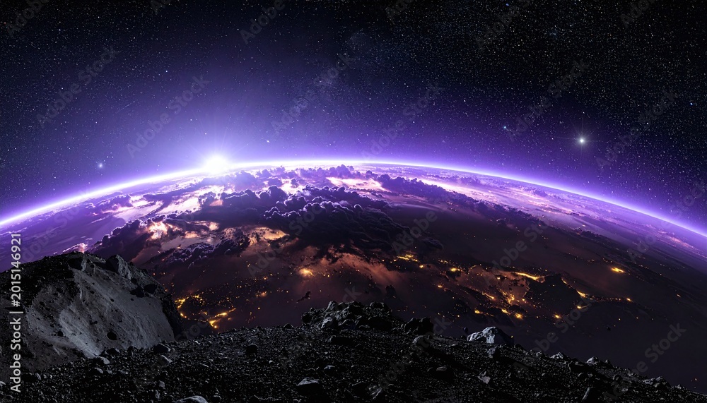 Fototapeta premium Stunning cinematic view of a planet from a rocky asteroid at dawn. Vibrant purple atmosphere and city lights evoke a sense of deep space exploration and endless futuristic discovery.