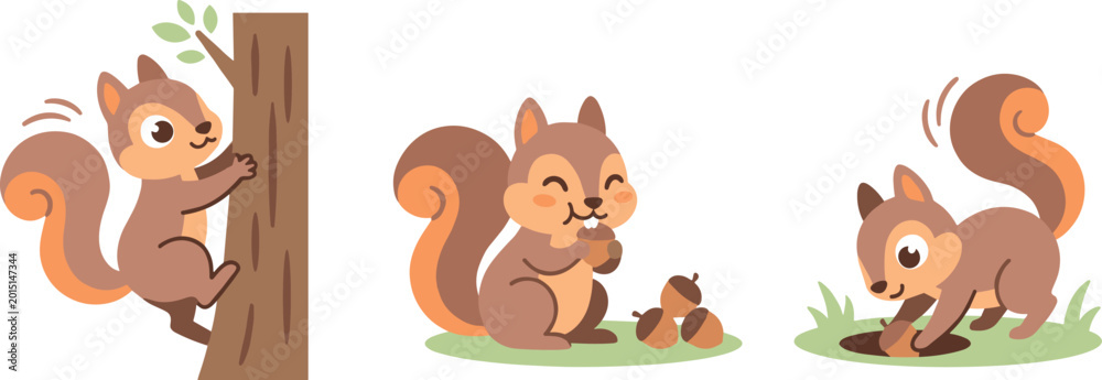 Fototapeta premium Playful Squirrel Characters Climbing Trees, Collecting Acorns, and Digging for Food for Nature and Wildlife Designs