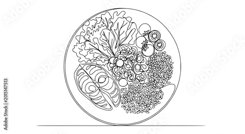 Healthy Food Plate Line Art: Salmon, Salad, Rice, Tomatoes, Vegetables