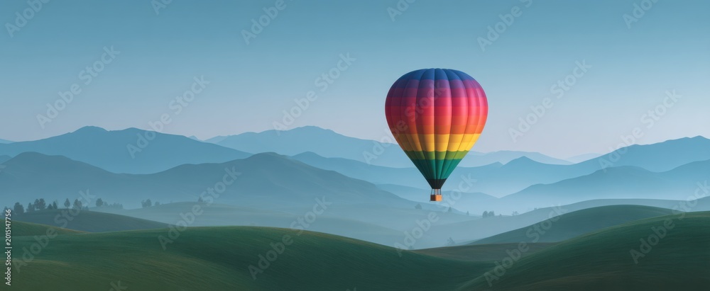 Fototapeta premium A vibrant hot air balloon sails like a dream above morning-kissed hills.